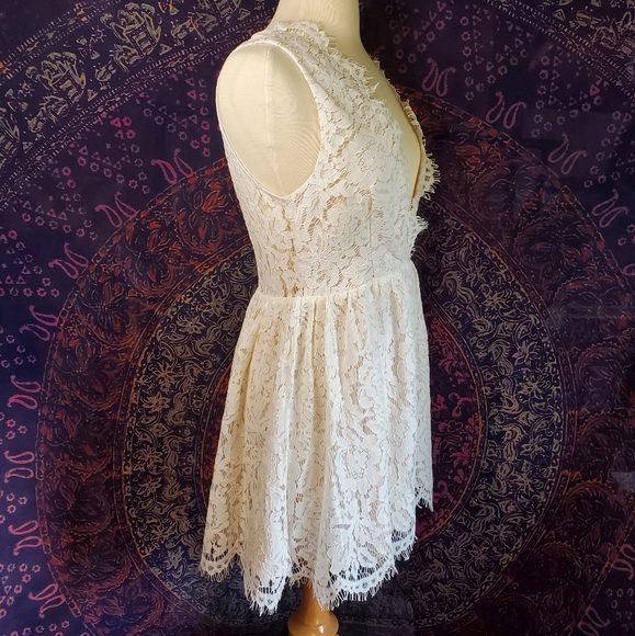 NWT Tobi Off White Lace Sleeveless Deep-V Sheer Back Mini Dress Womens Medium - Picture 4 of 15